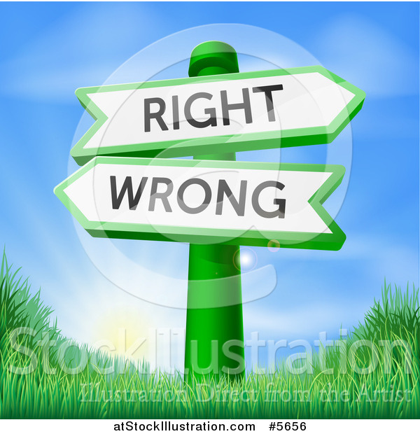Vector Illustration of Directional Wrong and Right Signs over a Sunrise and Grassy Hill