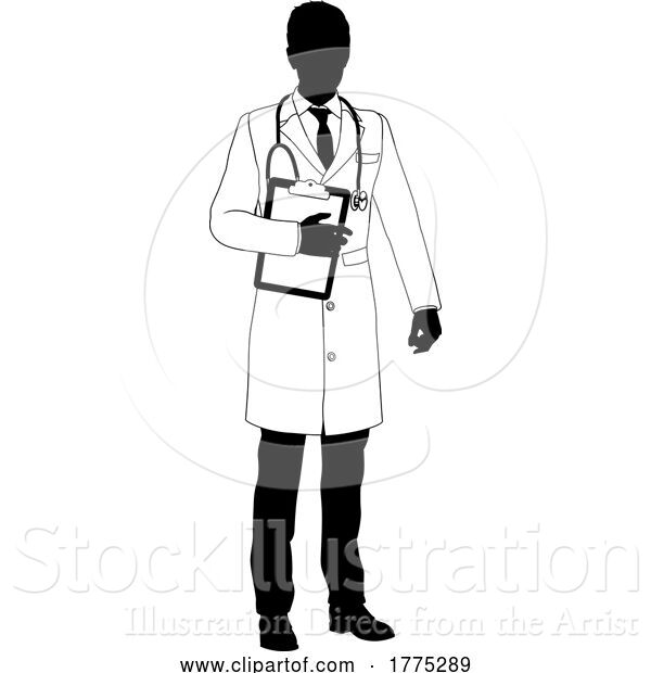 Vector Illustration of Doctor Guy and Clipboard Medical Silhouette Person