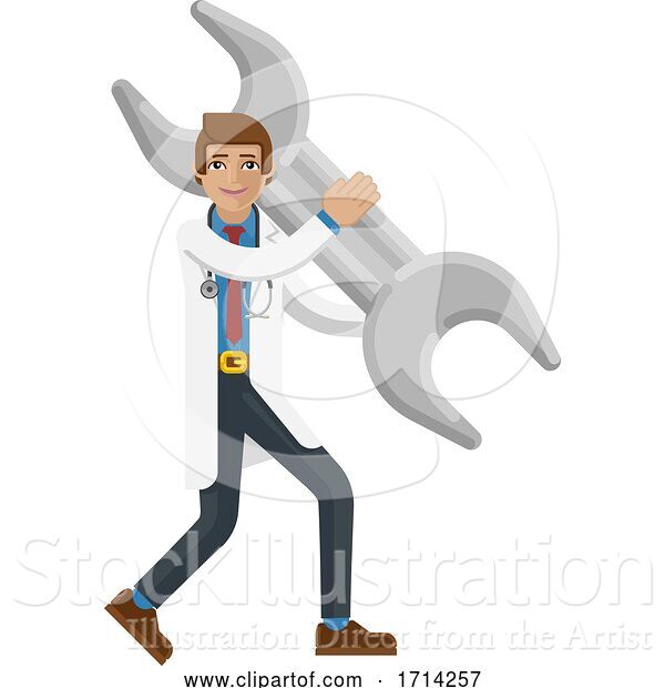 Vector Illustration of Doctor Guy Holding Spanner Wrench Concept Mascot