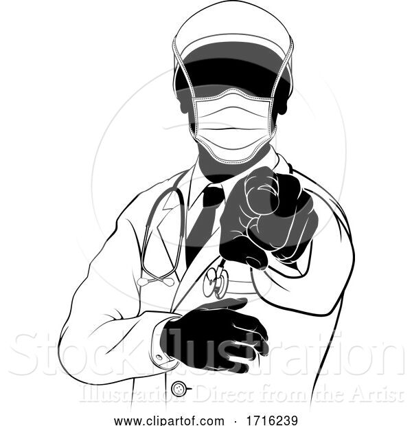 Vector Illustration of Doctor in PPE Mask Pointing Needs You Silhouette