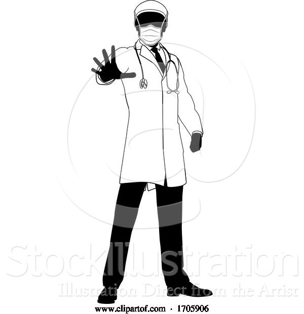 Vector Illustration of Doctor in PPE Mask Stop Hand Sign Medical Concept