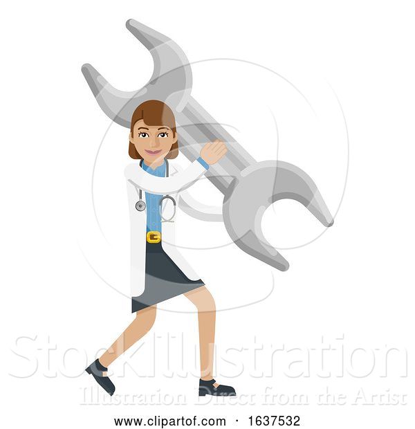Vector Illustration of Doctor Lady Holding Spanner Wrench Mascot Concept