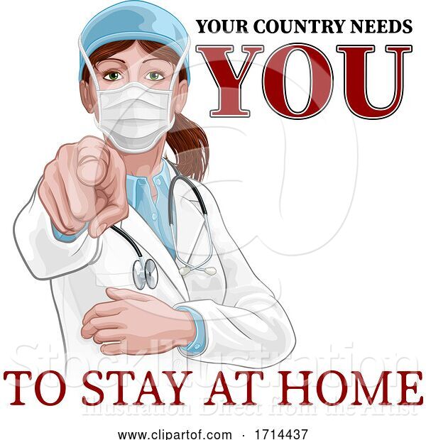 Vector Illustration of Doctor Lady Needs You Stay Home Pointing Poster