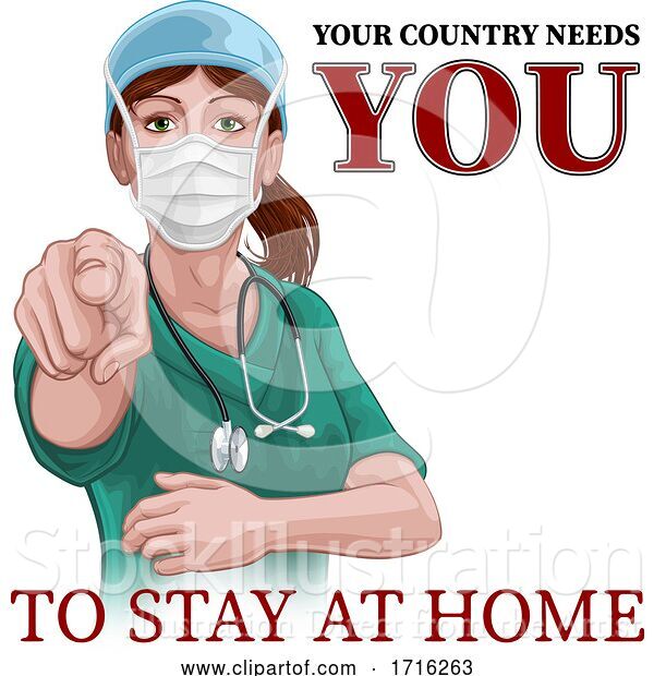 Vector Illustration of Doctor Nurse Lady Needs You Stay at Home Pointing