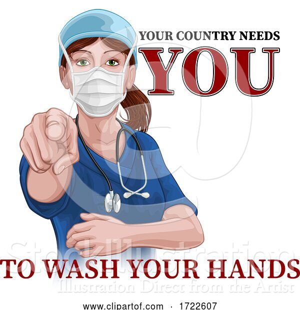 Vector Illustration of Doctor Nurse Lady Needs You Wash Hands Pointing