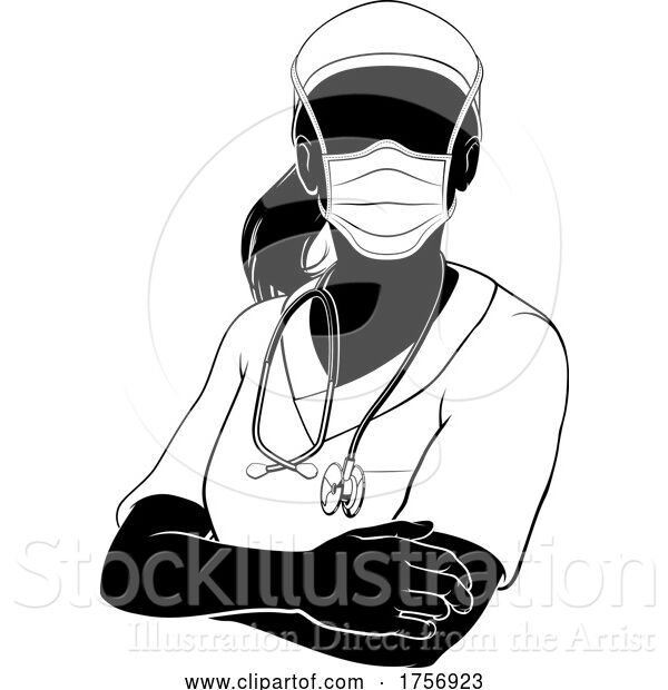Vector Illustration of Doctor Nurse Lady PPE Mask Scrubs Silhouette