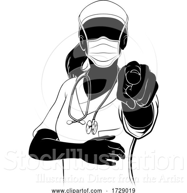 Vector Illustration of Doctor Nurse Lady Scrubs Mask PPE Silhouette