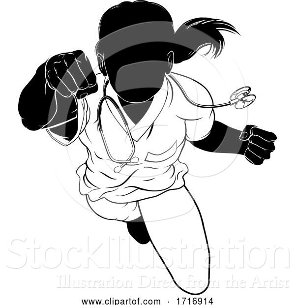 Vector Illustration of Doctor Nurse Scrubs Flying Super Hero Silhouette