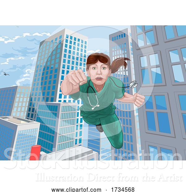 Vector Illustration of Doctor Nurse Scrubs Superhero Flying Super Hero