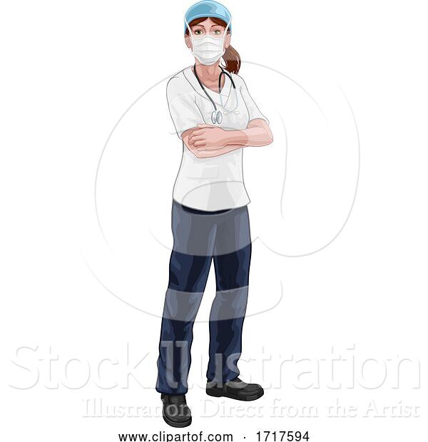 Vector Illustration of Doctor or Nurse Lady in Medical Scrubs and PPE