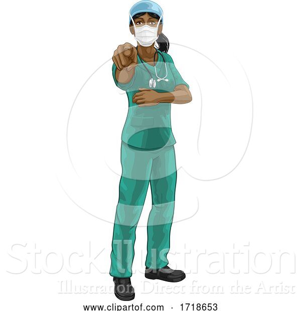 Vector Illustration of Doctor or Nurse Lady in Scrubs Uniform Pointing