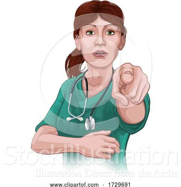 Vector Illustration of Doctor or Nurse Lady in Scrubs Uniform Pointing