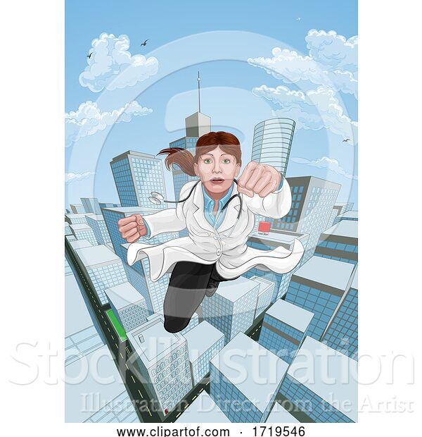 Vector Illustration of Doctor Superhero Flying Comic Book Super Hero