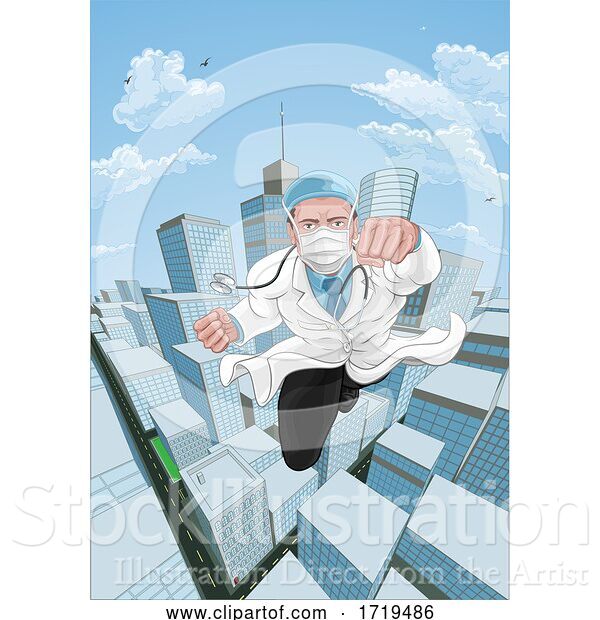 Vector Illustration of Doctor Superhero Flying Comic Book Super Hero