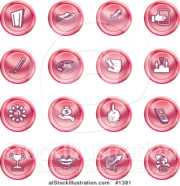 Vector Illustration of Door, Tape Dispenser, Tack, Pencil, Phone, Champion, Lightbulb, Money Bag, Piggy Bank, Cell Phone, Trophy, Lips, Chart, and Plant