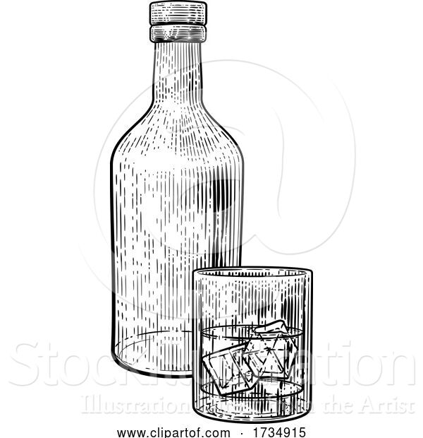 Vector Illustration of Drink with Ice Glass and Bottle Vintage Style