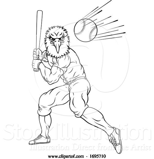 Vector Illustration of Eagle Baseball Player Mascot Swinging Bat at Ball
