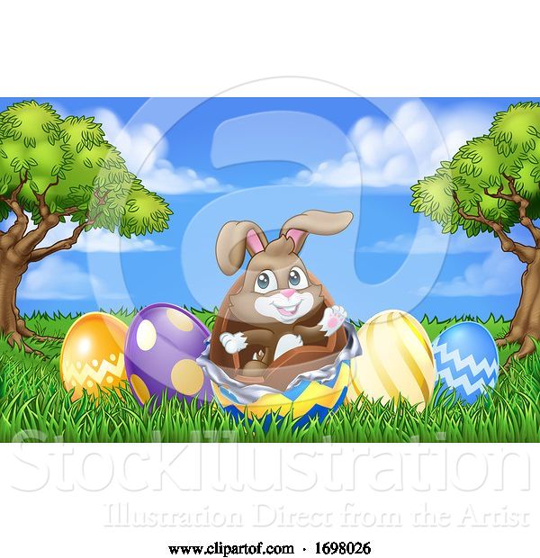 Vector Illustration of Easter Bunny Rabbit Breaking Chocolate Egg Scene