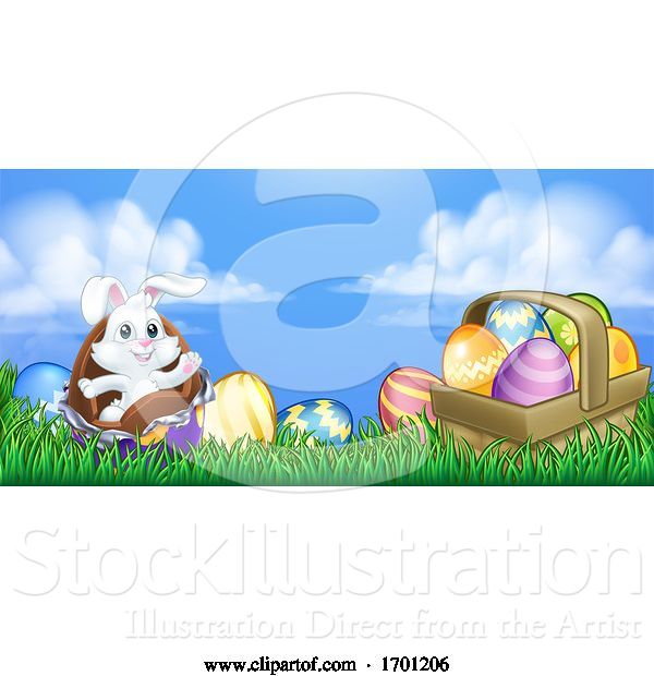 Vector Illustration of Easter Bunny Rabbit Breaking Chocolate Egg Scene