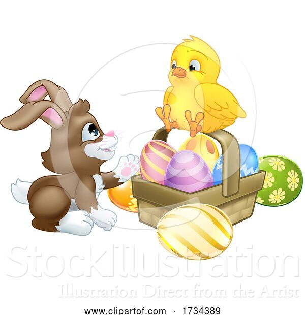 Vector Illustration of Easter Bunny Rabbit with a Basket and Chick