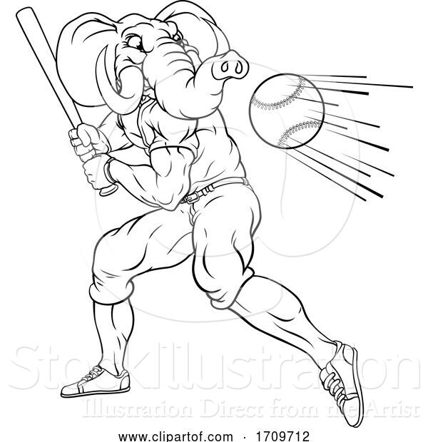 Vector Illustration of Elephant Baseball Player Mascot Swinging Bat