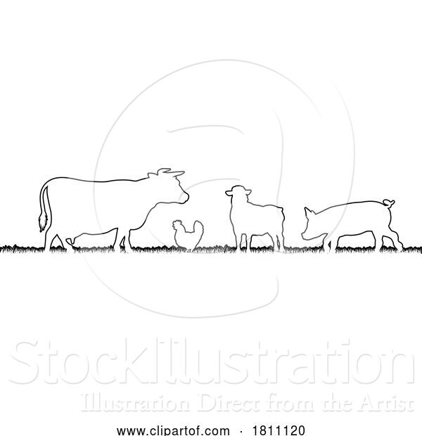 Vector Illustration of Farm Animal Silhouettes Field Scene Landscape