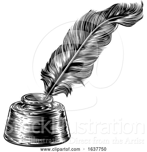 Vector Illustration of Feather Quill Ink Pen in Inkwell