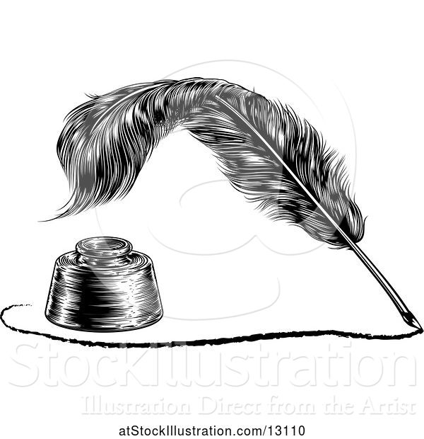 Vector Illustration of Feather Quill Pen Drawing a Line Around an Ink Well