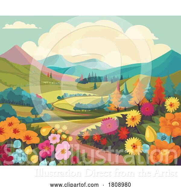 Vector Illustration of Fields Hills Flowers Country Landscape Background