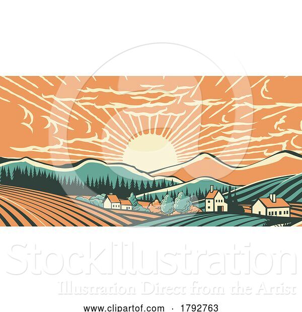 Vector Illustration of Fields Rolling Hills Sunrise Farm Land Background