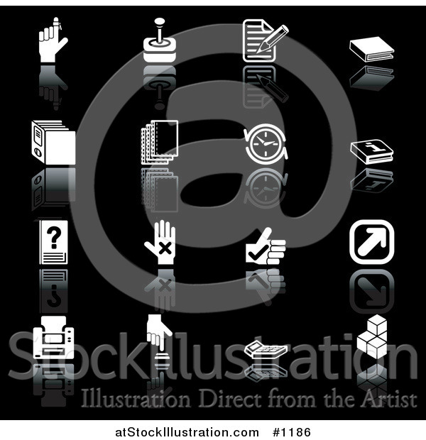 Vector Illustration of Finger with Reminder, Joystick, Letter, Books, Hands, Arrows, Printer, Button and Calculator, on a Black Background