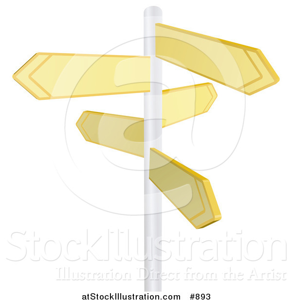 Vector Illustration of Five Blank Yellow Arrow Shaped Street Signs Pointing in Different Directions on a Pole