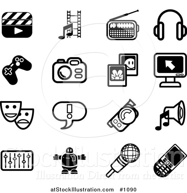 Vector Illustration of Flat Black and White Icons: Clapboard, Film Strip, Radio, Headphones, Controller, Camera, Pictures, Computer, Masks, Exclamation Point, Video Camera, Speaker, Equalizer, Robot, Microphone, Cell Phone