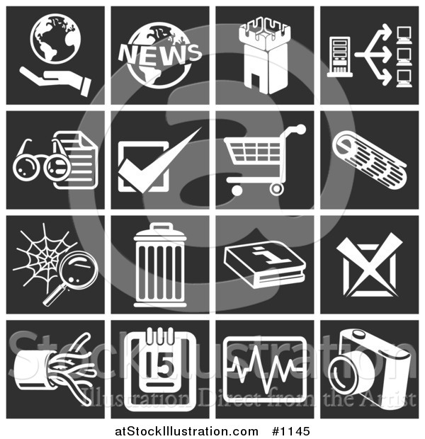 Vector Illustration of Flat White Icons over Black Squares: Hand Holding a Globe, World News, Fortress Tower, Computer, Eyeglasses and Letter, Checking, Shopping Cart, Spiderweb, Trash Can, Information, X, Cables, Calendar, Chart, Camera