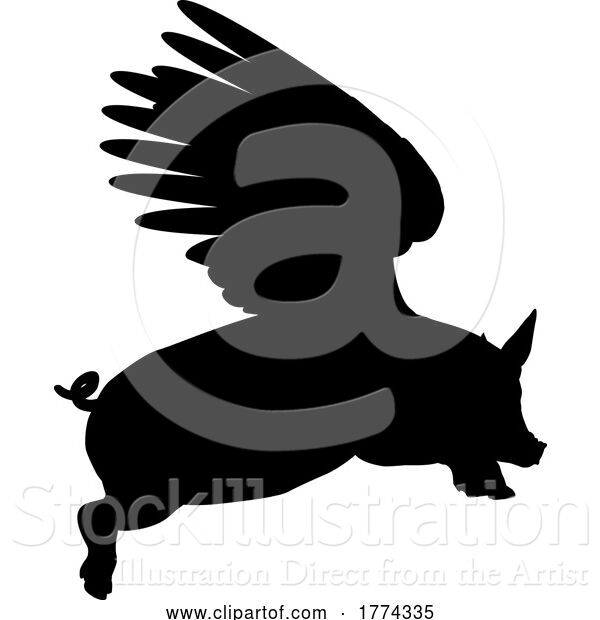 Vector Illustration of Flying Pig Wings Silhouette Saying Pigs Might Fly