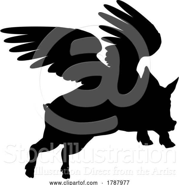 Vector Illustration of Flying Pig Wings Silhouette Saying Pigs Might Fly