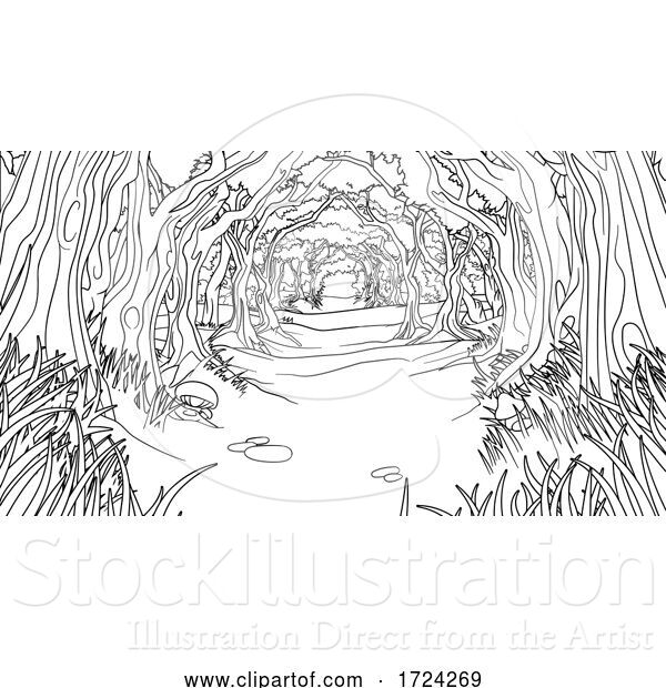 Vector Illustration of Forest Woodland Trees Path Coloring Book Scene