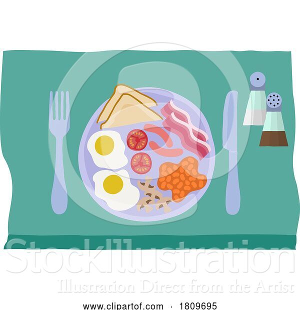 Vector Illustration of Fried Breakfast Food Knife Fork Plate Illustration