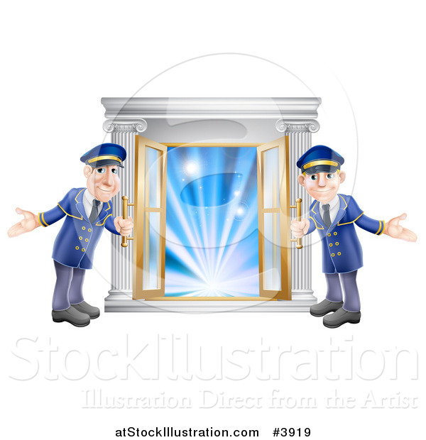 Vector Illustration of Friendly Door Men Holding Open VIP Doors to Lights