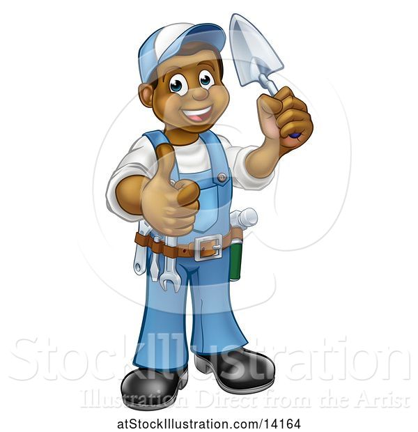 Vector Illustration of Full Length Black Male Mason Worker Holding a Trowel and Giving a Thumb up