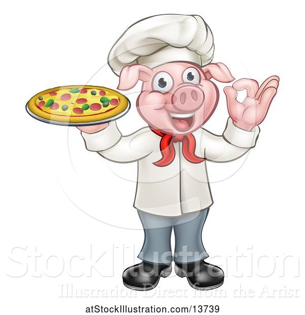 Vector Illustration of Full Length Chef Pig Gesturing Perfect and Holding a Pizza