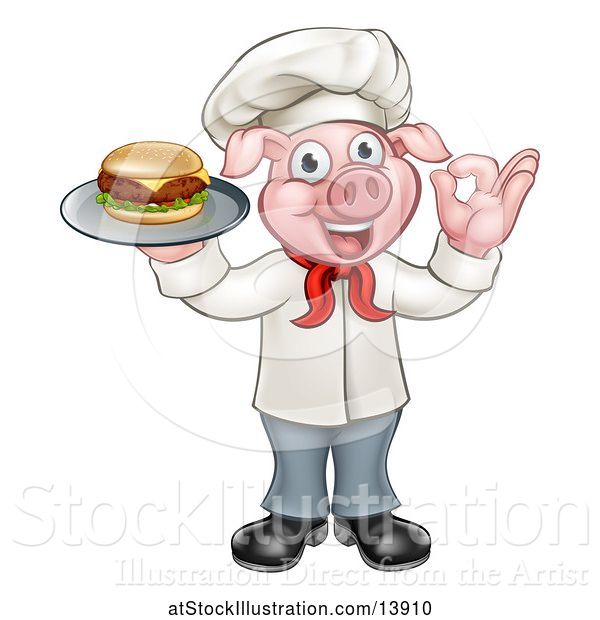 Vector Illustration of Full Length Chef Pig Holding a Cheese Burger on a Tray and Gesturing Okay