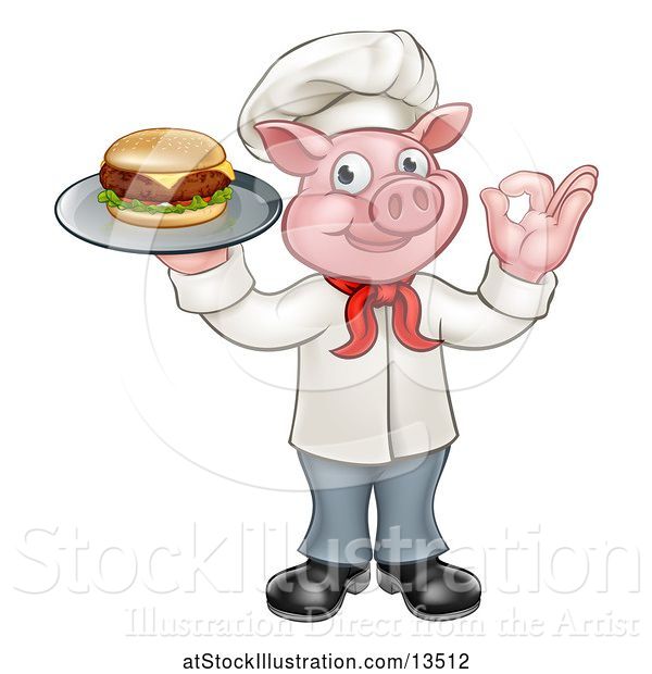 Vector Illustration of Full Length Chef Pig Holding a Cheeseburger on a Tray and Gesturing Okay