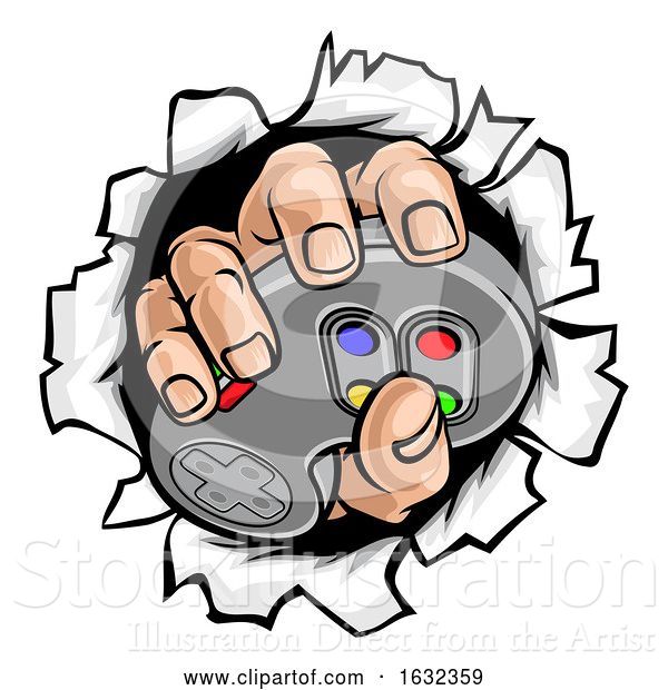 Vector Illustration of Gamer Hand and Video Game Controller Breaking Wall