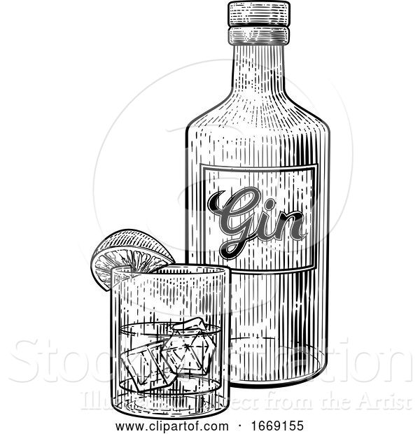 Vector Illustration of Gin Cocktail Bottle Glass and Ice Vintage Woodcut