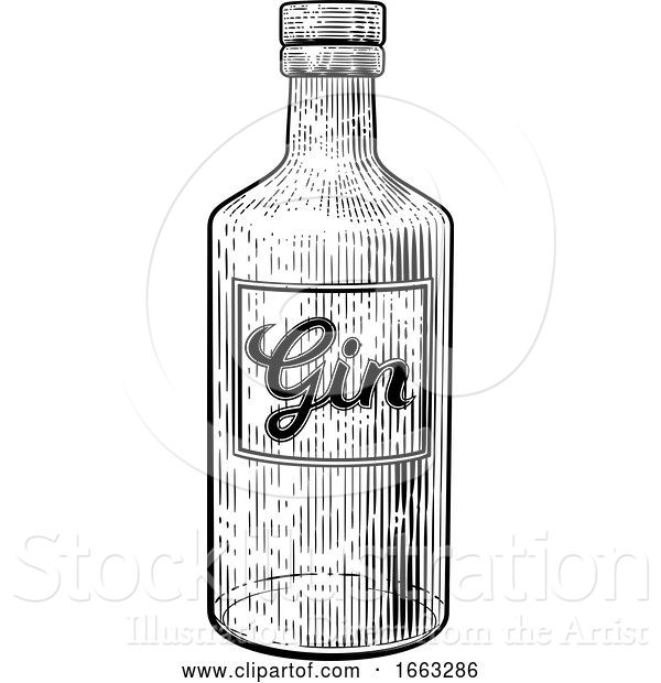 Vector Illustration of Gin Glass Bottle Vintage Woodcut Etching Style