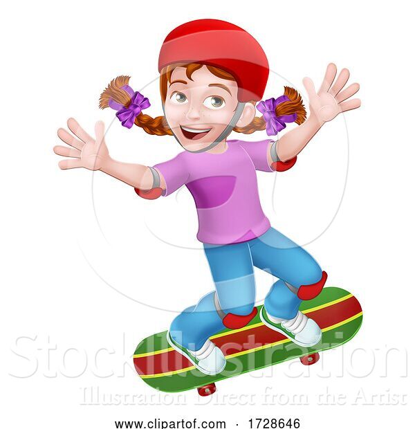 Vector Illustration of Girl Kid on Skateboard Skateboarding