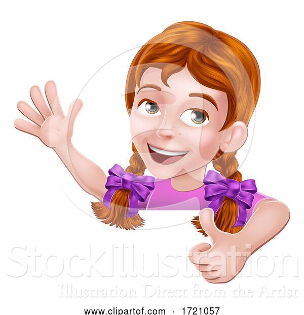 Vector Illustration of Girl Kid Thumbs up Child Peeking over Sign