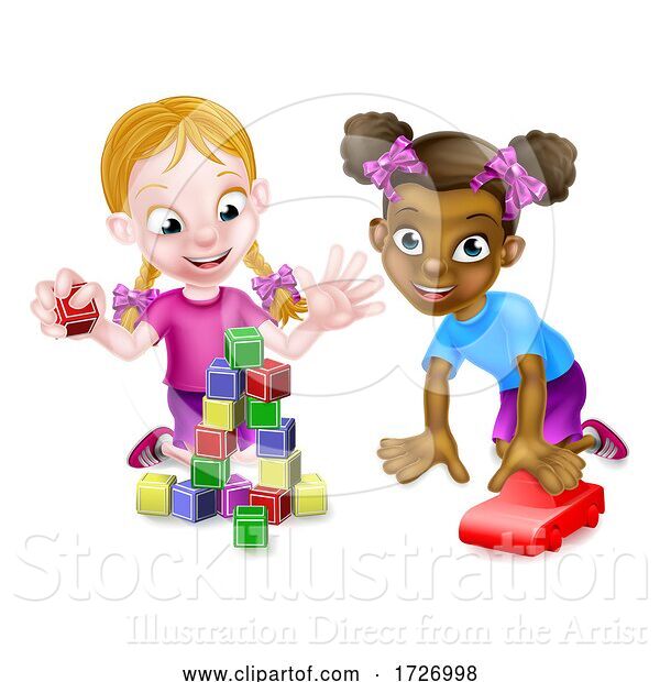 Vector Illustration of Girls Playing with Building Blocks and Car