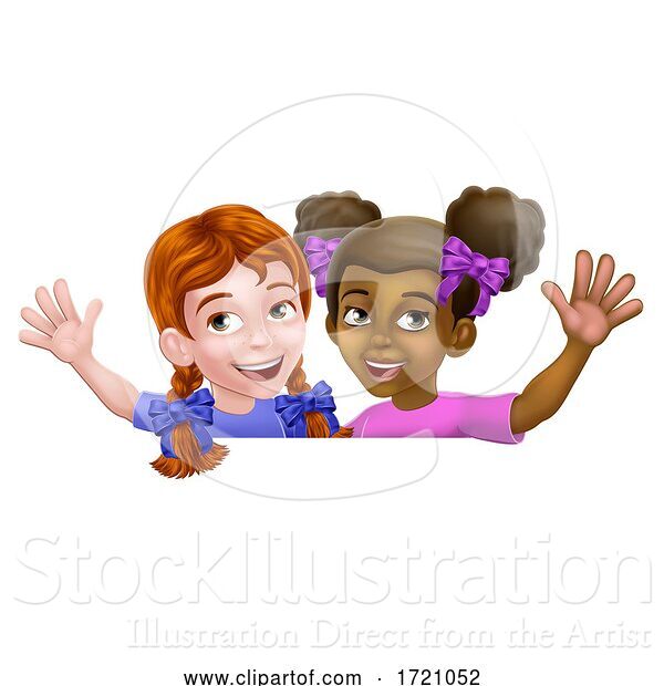 Vector Illustration of Girls Waving Children Children Sign